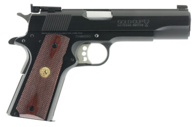 Colt Mfg O5870A1 Gold Cup Natonal Match 45 ACP 8+1 5″ Stainless National Match Barrel, Blued Serrated Carbon Steel Slide & Frame w/Beavertail, Walnut w/Integrated Gold Medallion Grip, Ambidextrous