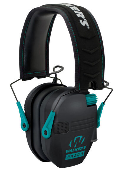 Walker’s GWPRSEMTL Razor Slim Electronic Muff 23 dB Over the Head Black Polymer w/Teal Accents
