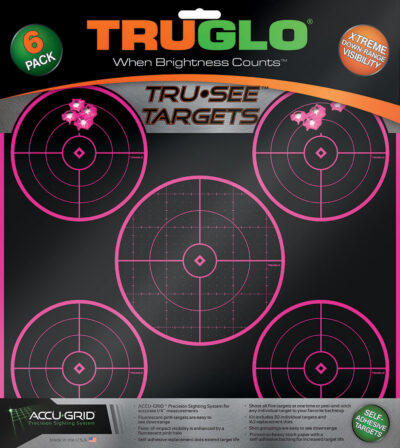 TruGlo TG11P6 Tru-See 5-Bull Target Self-Adhesive Heavy Paper Black/Pink 12″x12″ 6 Pack
