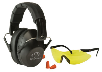 Walker’s GWPFPM1GFP Pro Low Profile Passive Muff Combo Kit Includes Foam Ear Plugs, Low Profile 31 db Over the Head Passive Muff, Shooting Glasses w/Yellow Lens