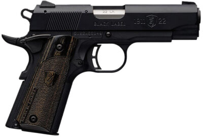 Browning 051815490 1911 Black Label Compact 22 LR 10+1 3.63″ Stainless Steel Barrel, Matte Black Serrated Slide & Polymer Frame w/Beavertail, Black Laminate Stippled Grip