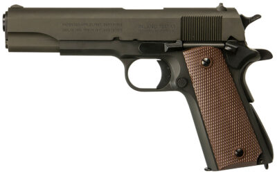 Inland MFG ILM1911 1911 A1 Government 45 ACP 7+1 5″ Barrel, Black Parkerized Steel Frame w/Beavertail, Serrated Steel Slide, Wood Grip, Manual Safety