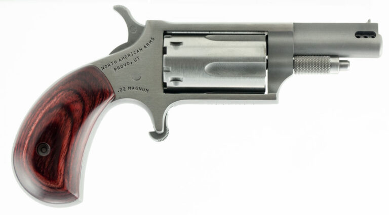 North American Arms 22MCP Mini-Revolver  22 LR/22 WMR 5 Shot 1.63" Stainless Steel Ported Barrel & Frame, Stainless Cylinder, Rosewood Birdshead Grip, Exposed Hammer, Includes 22 LR Cylinder