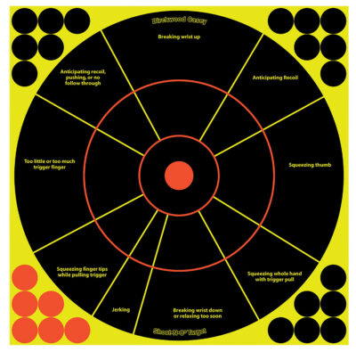 Birchwood Casey 34032 Shoot-N-C Reactive Target Self-Adhesive Paper Black/Yellow/Red 12″ Circle 5 Pack