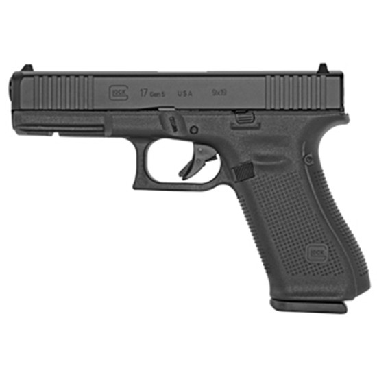 Glock UA175S203 G17 Gen5 9mm Luger Caliber with 4.49" Glock Marksman Barrel, 17+1 Capacity, Overall Black Finish, Serrated nDLC Steel Slide, Rough Texture Interchangeable Backstraps Grip & Fixed Sights (US Made)