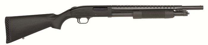 Mossberg 500 12GA 18.5 bbl with Heat Shield 5+1 - 5+1 Rounds | 18.5" Barrel | 3" Chamber | Black Synthetic Stock | Synthetic | Blue/Black