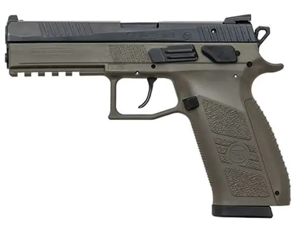 CZ 01268 P-09  9mm Luger 4.54″ 10+1  Black Slide OD Green Polymer Grip Night Sig