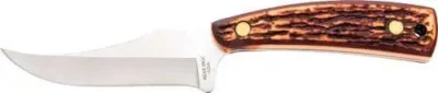 Bear & Son 7 1/4” STAG DELRIN UPSWEPT SKINNER WITH LEATHER SHEATH