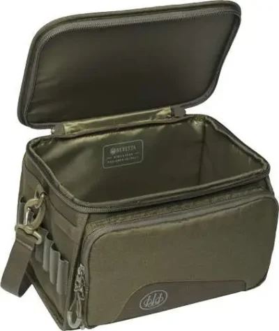 Beretta Gamekeeper Evo Cartridge Bag capacity of 6 boxes x 25 cartridges; Made of durable material; Carrying handle; Adjustable shoulder strap; 2 outside pockets with YKK zip; Dimensions: 12.5″ L x 8″ W x 8″ H