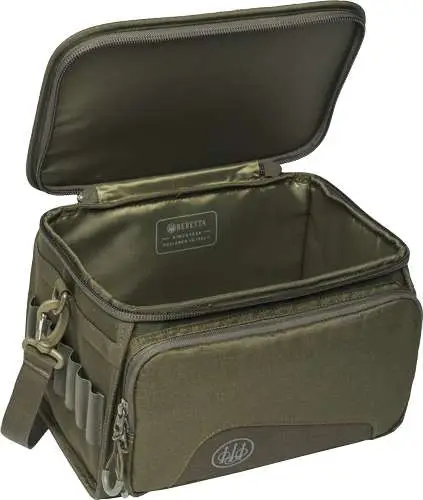 Beretta Gamekeeper Evo Cartridge Bag capacity of 6 boxes x 25 cartridges; Made of durable material; Carrying handle; Adjustable shoulder strap; 2 outside pockets with YKK zip; Dimensions: 12.5″ L x 8″ W x 8″ H