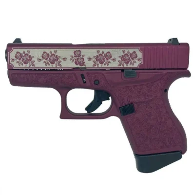 GLOCK G43 Sub Compact 9MM 3.4″  Full Engraved Roses vs Paisley Black Cherry