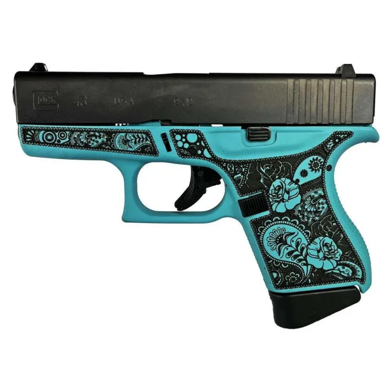 GLOCK G43 9MM 3.4″ 3/6RD Engraved Frame Only Robins Egg Blue and Paisley) GLOCK G43 9MM 3.4″ 3/6RD Engraved Frame Only Robins Egg Blue and Paisley)