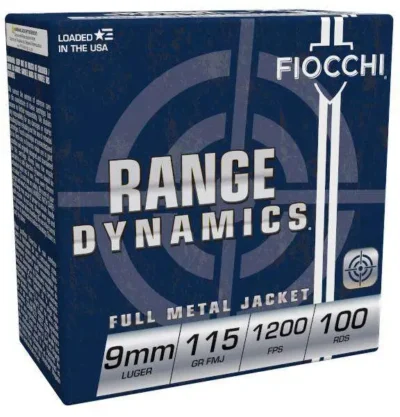 Fiocchi 9ARD100 Range Dynamics  9mm Luger 115 gr Full Metal Jacket (FMJ) 100 Bx/
