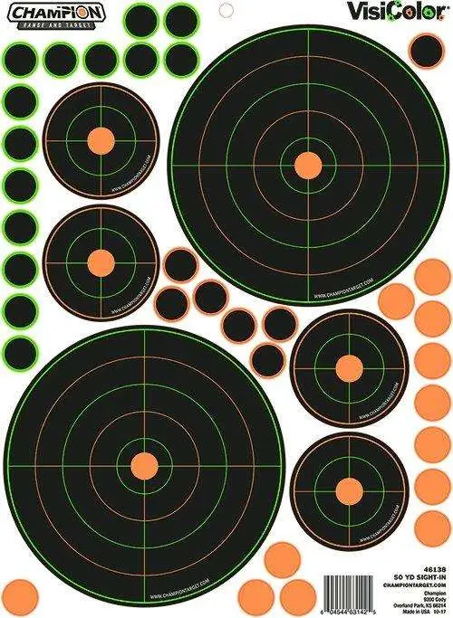 Champion Targets 46138 VisiColor Variety Pack 50 yd Sight-In Self-Adhesive Paper. 5 pack. Champion Targets 46138 VisiColor Variety Pack 50 yd Sight-In Self-Adhesive Paper. 5 pack.