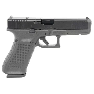 Glock G17517MOSUS G17 Gen5 MOS 9mm Luger Caliber with 4.49″ Glock Marksman Barrel, 17+1 Capacity, Overall Black Finish, Serrated/MOS Cut nDLC Steel Slide & Rough Texture Interchangeable Backstraps Grip (US Made)