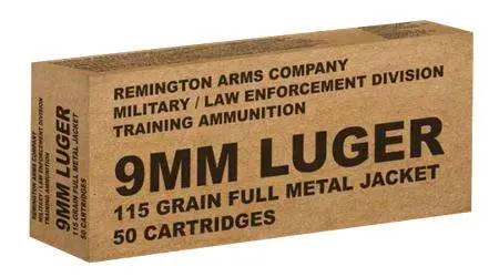 Remington, 9mm, 115GR, MIL, MC, 50RD Remington, 9mm, 115GR, MIL, MC, 50RD