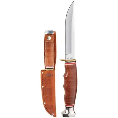 Ka-Bar 1232 Hunter Leather Handle 4″ Drop Point Plain Leather Handle W/Sheath