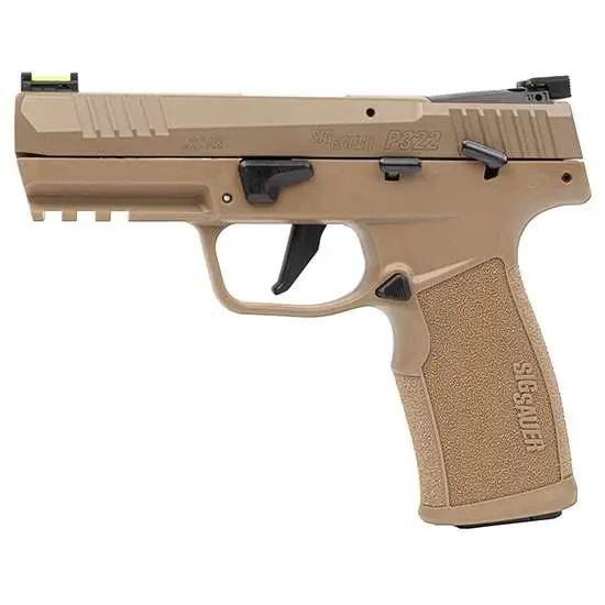 Sig Sauer 322CCOYTACPAC P322 Compact 22 LR 20+1 4″ Black Steel w/Threaded Barrel Adapter Barrel/ Coyote Cerakote Optic Ready/Serrated Slide/ Coyote Tan Steel Frame w/Picatinny Rail/ Coyote Polymer Grip Module Grips Ambidextrous