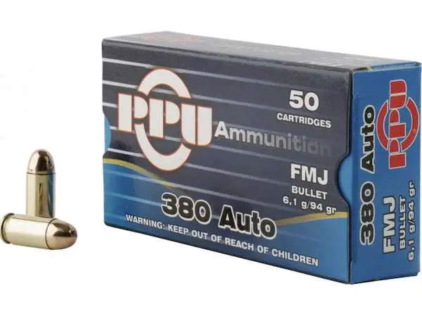 PPU PPH380AF Handgun  380 ACP 94 gr Full Metal Jacket (FMJ) 50 Bx/ 20 Cs