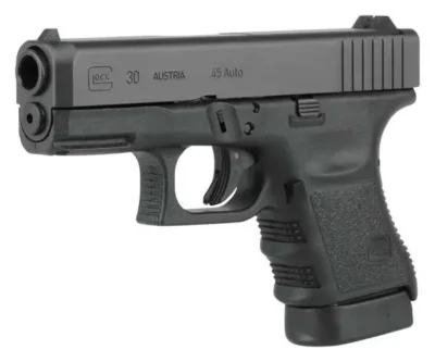Glock PF3050201 G30SF Gen3 *CA Compliant Sub-Compact 45 ACP 10+1 3.78″ Black Polygonal Rifled Barrel, Matte Black Serrated Slide, Black Polymer Frame w/Picatinny Rail, Black Textured Finger Grooved Polymer Grip, Right Hand