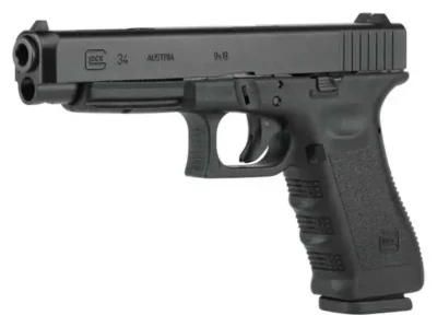 Glock PI3430101 G34 Gen3 *CA Compliant Competition 9mm Luger 10+1 5.31″ Black Polygonal Rifled Barrel, Matte Black Serrated Slide, Black Polymer Frame w/Picatinny Rail, Black Textured Finger Grooved Polymer Grip, Right Hand