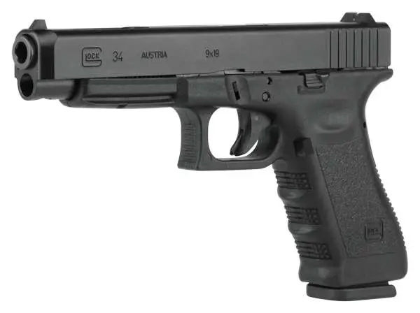 Glock PI3430101 G34 Gen3 *CA Compliant Competition 9mm Luger 10+1 5.31″ Black Polygonal Rifled Barrel, Matte Black Serrated Slide, Black Polymer Frame w/Picatinny Rail, Black Textured Finger Grooved Polymer Grip, Right Hand