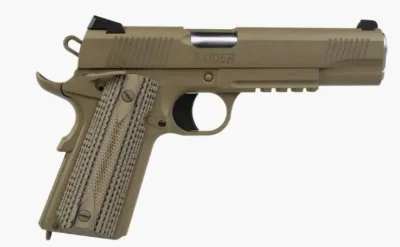 Tisas USA, 1911 Raider, Single Action Only, Semi-automatic, Metal Frame Pistol, Full Size, 9MM, 5″ Barrel, Carbon Steel Frame, Cerakote Finish, Flat Dark Earth, Ed Brown Bobtail, G10 Grips, Novak Style 3-Dot Sights, Accessory Rail, 9 Rounds, 2 Magazines