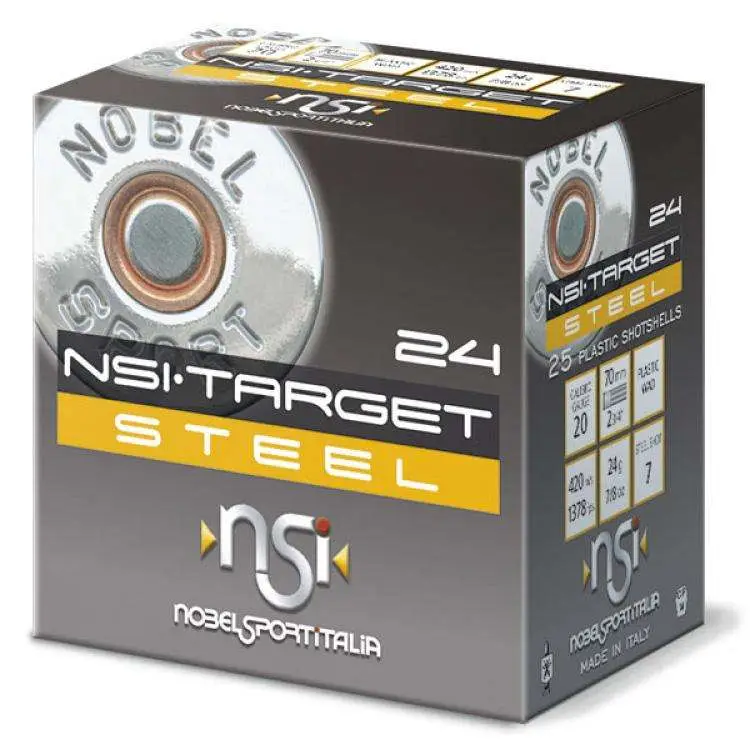 NSI Target Steel 20 gauge 2 5/8″ 7/8 Oz #7 Shot 1378fps 25/Rd NSI Target Steel 20 gauge 2 5/8″ 7/8 Oz #7 Shot 1378fps 25/Rd
