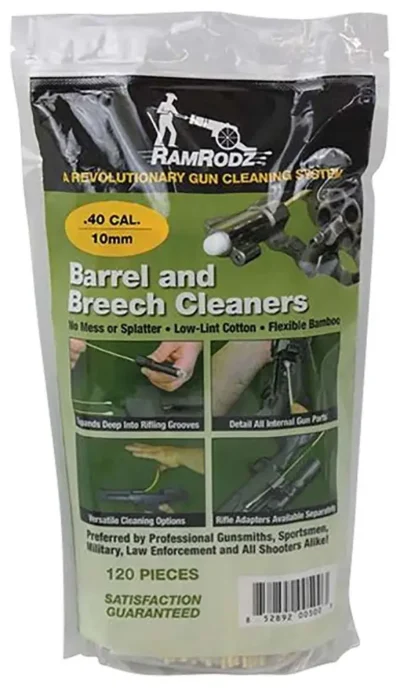 RamRodz 40100 Barrel & Breech Cleaning Swabs 40 Cal/10mm Handgun Cotton/Bamboo 8″ Long 100 Per Pkg