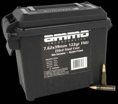 Ammo, Inc. 7.62x39mm 122 Grain FMJ Steel Cased Centerfire Rifle Ammunition, 250 Rounds, 762X39122FMJ-B250
