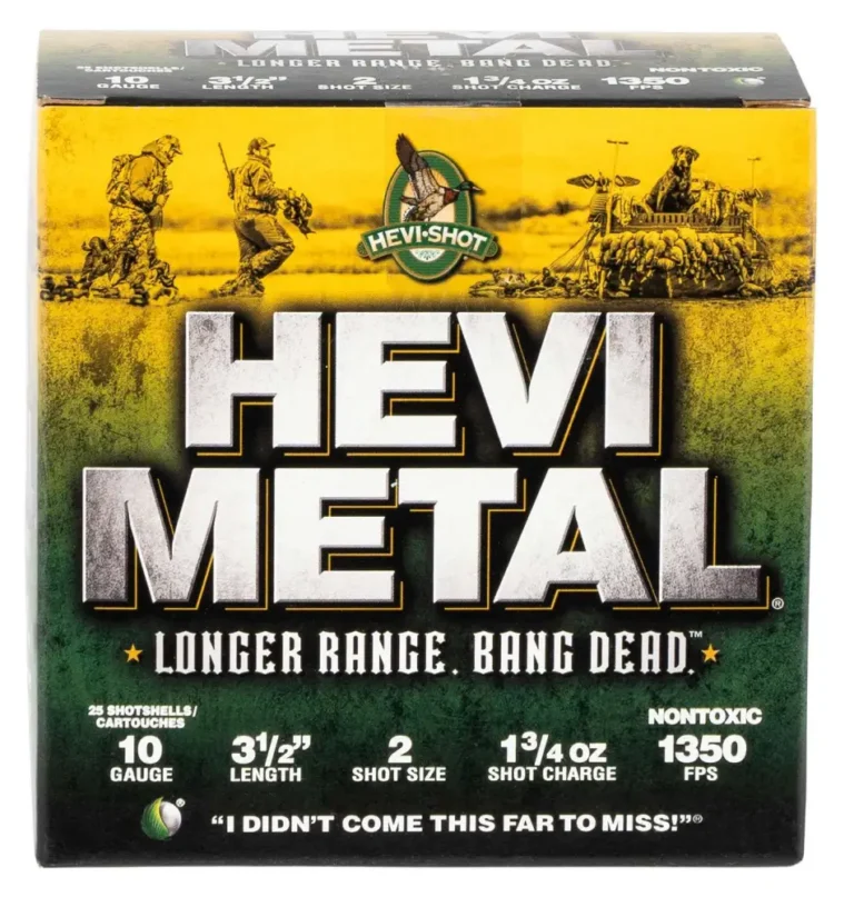 Hevishot 37502 Hevi-Metal Longer Range 10 Gauge 3.50″ 1 3/4 oz 2 Shot 25 Bx/ 10 Hevishot 37502 Hevi-Metal Longer Range 10 Gauge 3.50″ 1 3/4 oz 2 Shot 25 Bx/ 10