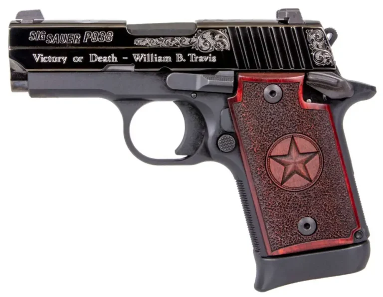 Sig Sauer 9389TXSAMBI P938 Engraved Texas Edition Exclusive Model 9mm Luger 7+1 3″ Black Carbon Steel Barrel, Black Nitron Serrated Stainless Steel Slide w/Silver Engraving, Black Aluminum Frame w/Beavertail, Redwood Grip, Ambidextrous Safety Sig Sauer 9389TXSAMBI P938 Engraved Texas Edition Exclusive Model 9mm Luger 7+1 3″ Black Carbon Steel Barrel, Black Nitron Serrated Stainless Steel Slide w/Silver Engraving, Black Aluminum Frame w/Beavertail, Redwood Grip, Ambidextrous Safety