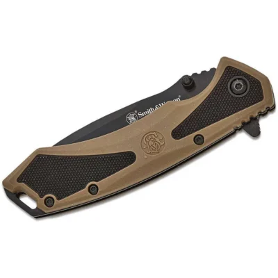 S&W KT Extreme Ops Spring Assisted Drop Point Blk/Tan- Box 3.25” Blade