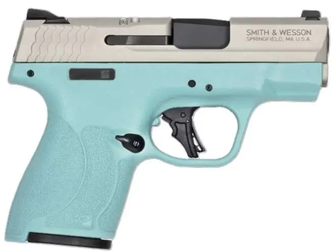 M&P Shield Plus, 9mm 3.1″ Barrel, White Dot, Thumb Safety Stainless, Robin Egg Blue, (2) 10 Round Magazines, CA Compliant M&P Shield Plus, 9mm 3.1″ Barrel, White Dot, Thumb Safety Stainless, Robin Egg Blue, (2) 10 Round Magazines, CA Compliant