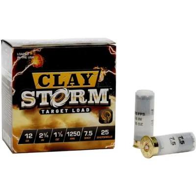 CLAY STORM 12 GAUGE #7.5 SHOT SHOTGUN AMMO CLAY STORM 12 GAUGE 2-3/4” 1-1/8OZ #7.5 SHOT 1250 FPS 25/BOX