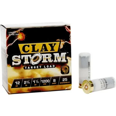 CLAY STORM 12 GAUGE #8 SHOT SHOTGUN AMMO CLAY STORM 12 GAUGE 2-3/4” 1-1/8OZ #8 SHOT 1200 FPS 25/BOX