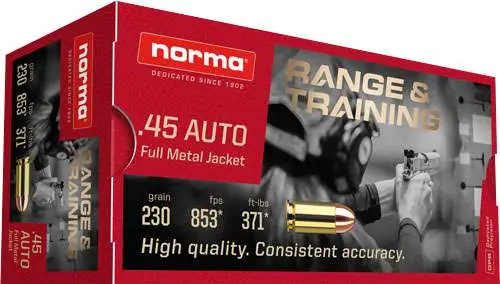Norma Ammunition (RUAG) 620840050 Range and Training 45 ACP 230 gr Full Metal J Norma Ammunition (RUAG) 620840050 Range and Training 45 ACP 230 gr Full Metal J