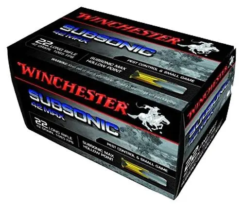 Winchester Ammo W22SUB42U Subsonic 42 Max 22 LR 42 gr Hollow Point (HP) 50 Bx/ 1 Winchester Ammo W22SUB42U Subsonic 42 Max 22 LR 42 gr Hollow Point (HP) 50 Bx/ 1