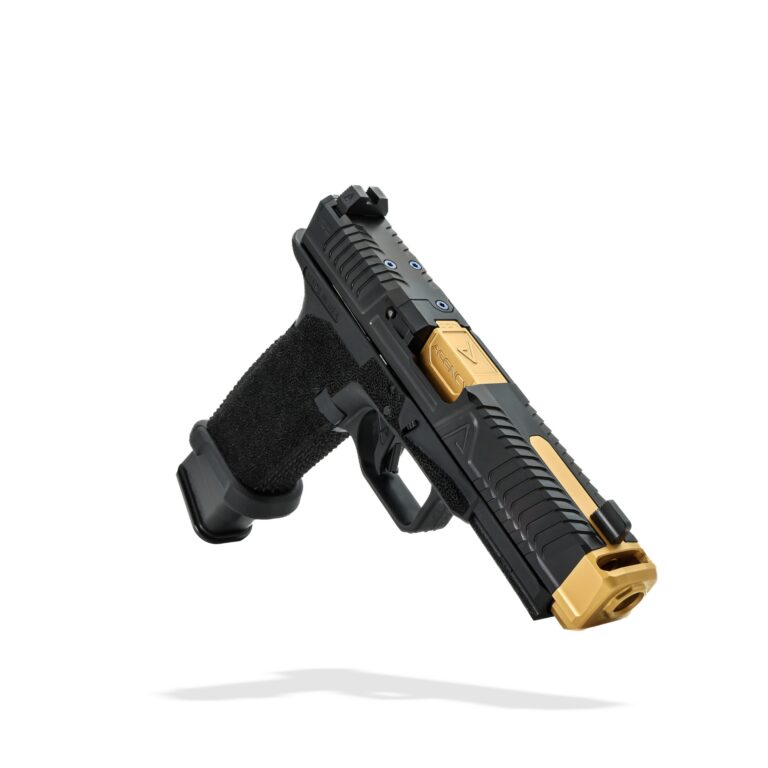 Agency Arms NOC 2.0 – Single Shot – Gold TiN – 9″ 25 ACP, NOC 2.0 Slide Cut AOS – Iron Plate Included, NOC Island Barrel System, Single Port Compensator, Integrated Sight Tracker, Tuned Recoil System, Agency Sights, Agency Slide Cover Plate, DLC Slide, Lonewolf Frame, Aggressive Stippling, Agency Mag Release and Trigger, Lonewolf Magwell, Includes 2x Agency +0 Basepads Agency Arms NOC 2.0 – Single Shot – Gold TiN – 9″ 25 ACP, NOC 2.0 Slide Cut AOS – Iron Plate Included, NOC Island Barrel System, Single Port Compensator, Integrated Sight Tracker, Tuned Recoil System, Agency Sights, Agency Slide Cover Plate, DLC Slide, Lonewolf Frame, Aggressive Stippling, Agency Mag Release and Trigger, Lonewolf Magwell, Includes 2x Agency +0 Basepads