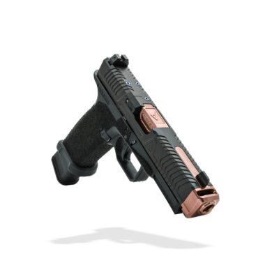 Agency Arms NOC 2.0 – Single Shot – Rose Gold – 9″ 25 ACP, NOC 2.0 Slide Cut AOS – Iron Plate Included, NOC Island Barrel System, Single Port Compensator, Integrated Sight Tracker, Tuned Recoil System, Agency Sights, Agency Slide Cover Plate, DLC Slide, Lonewolf Frame, Aggressive Stippling, Agency Mag Release and Trigger, Lonewolf Magwell, Includes 2x Agency +0 Basepads
