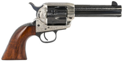 Taylors & Company 550925 1873 Cattleman 45 Colt (LC) Caliber with 4.75″ Blued Floral Engraved Finish Barrel, 6rd Capacity Blued Finish Cylinder, Coin Photo Engraved Finish Steel Frame & Walnut Grip