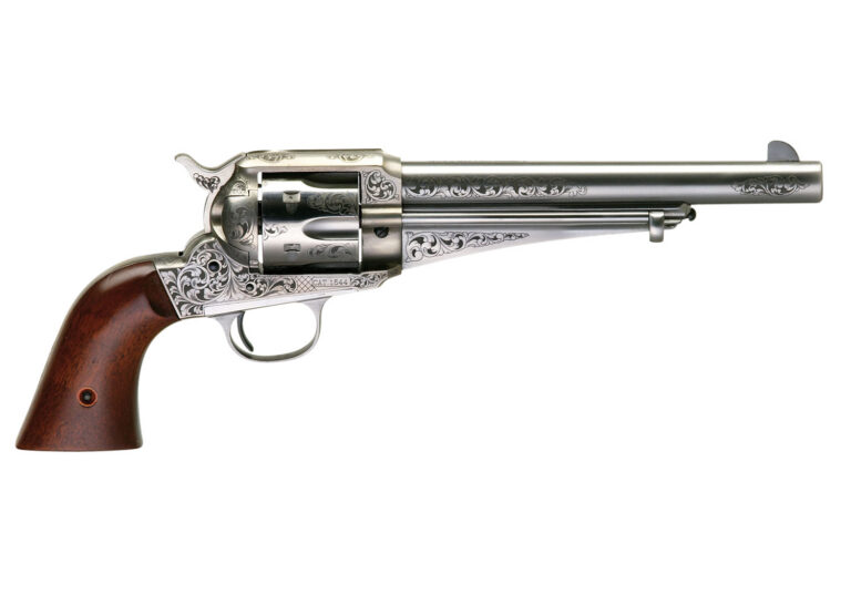 Taylors & Company 550382 1875 Army Outlaw 357 Mag Caliber with 7.50″ Barrel, 6rd Capacity Cylinder, Overall White Engraved Finish Steel & Walnut Grip Taylors & Company 550382 1875 Army Outlaw 357 Mag Caliber with 7.50″ Barrel, 6rd Capacity Cylinder, Overall White Engraved Finish Steel & Walnut Grip