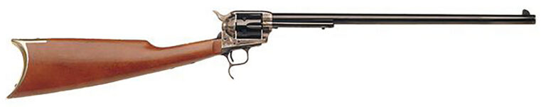 Cimarron MP419 Revolving Carbine Full Size 45 Colt (Long Colt) 6 Shot 18″ Blued Stainless Steel Barrel, Color Case Hardened Stainless Steel Receiver, Walnut Shoulder Stock, Right Hand Cimarron MP419 Revolving Carbine Full Size 45 Colt (Long Colt) 6 Shot 18″ Blued Stainless Steel Barrel, Color Case Hardened Stainless Steel Receiver, Walnut Shoulder Stock, Right Hand