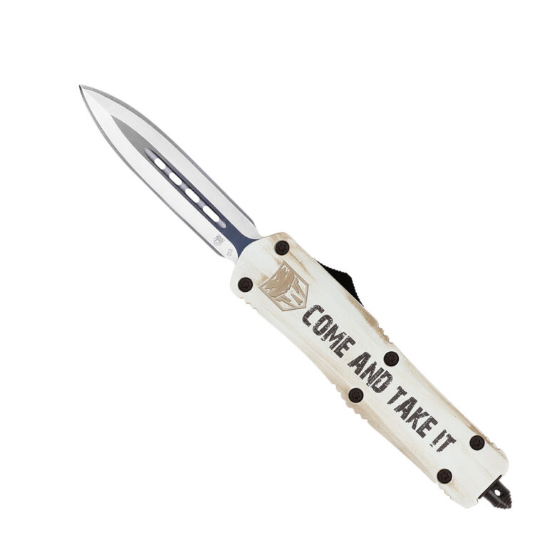 CobraTec Knives MCATIFS3DAGNS FS-3 Come And Take It Medium 3″ OTF Dagger Plain D2 Steel Blade White w/”Come And Take It” Aluminum Cerakoted Handle Features Glass Breaker Includes Pocket Clip