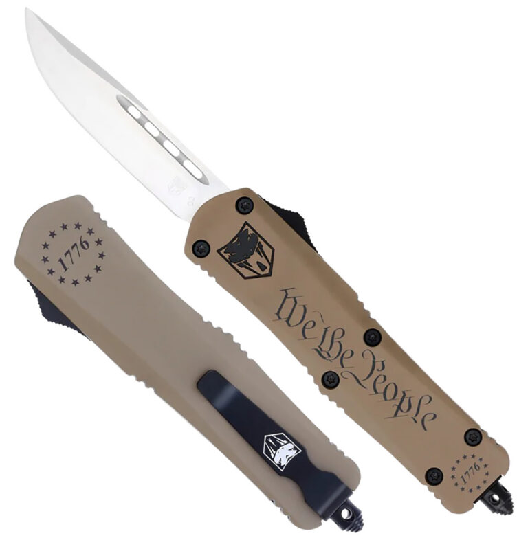 CobraTec Knives SWTPFS3DNS FS-3 We The People Small 2.75″ OTF Drop Point Plain Aluminum Cerakoted D2 Steel Blade, Tan “We The People” Aluminum Handle CobraTec Knives SWTPFS3DNS FS-3 We The People Small 2.75″ OTF Drop Point Plain Aluminum Cerakoted D2 Steel Blade, Tan “We The People” Aluminum Handle
