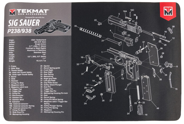 TekMat TEKR17SIGP238 Sig Sauer P238 Cleaning Mat Black/Gray Rubber 11″x17″ Sig P238 Parts Diagram