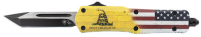 Templar Knife S-DTOM-23-1 Gen II Don’t Tread On Me Small 2.69″ OTF Plain Black Oxide 440C SS Blade, 4.25″ Yellow w/Flag & “Don’t Tread On Me” Aluminum Handle, Glass Breaker