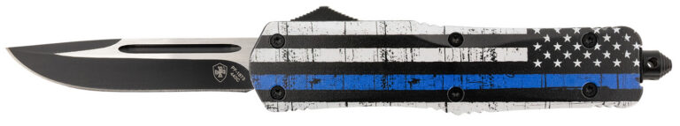 Templar Knife LBTB331 Gen II Back The Blue Large 3.50″ OTF Drop Point Plain Black Oxide Stonewashed 440C SS Blade, 5.25″ Black & White w/Blue Line Aluminum Handle, Glass Breaker