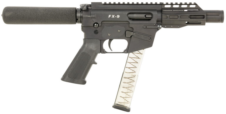 FREEDOM ORDNANCE FX9P4T FX-9  9mm Luger 32+1 4″, Black, M-LOK Handguard, Padded Buffer Tube, A2 Grip, 3″ Faux Suppressor, Includes Sling