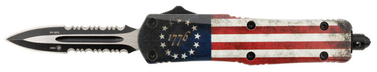 Templar Knife SBRF431 Gen II Betsy Ross Flag Small 2.75″ OTF Dagger Part Serrated 440C SS Blade, 4.25″ Betsy Ross Flag Aluminum Handle, Glass Breaker Templar Knife SBRF431 Gen II Betsy Ross Flag Small 2.75″ OTF Dagger Part Serrated 440C SS Blade, 4.25″ Betsy Ross Flag Aluminum Handle, Glass Breaker